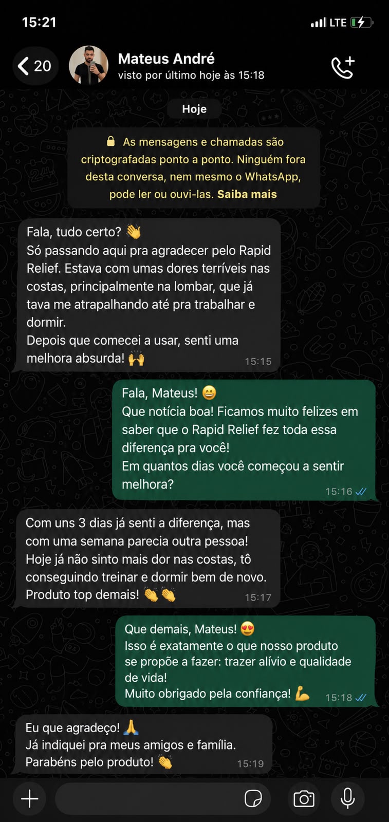 Depoimento de cliente sobre o RAPID RELIEF
